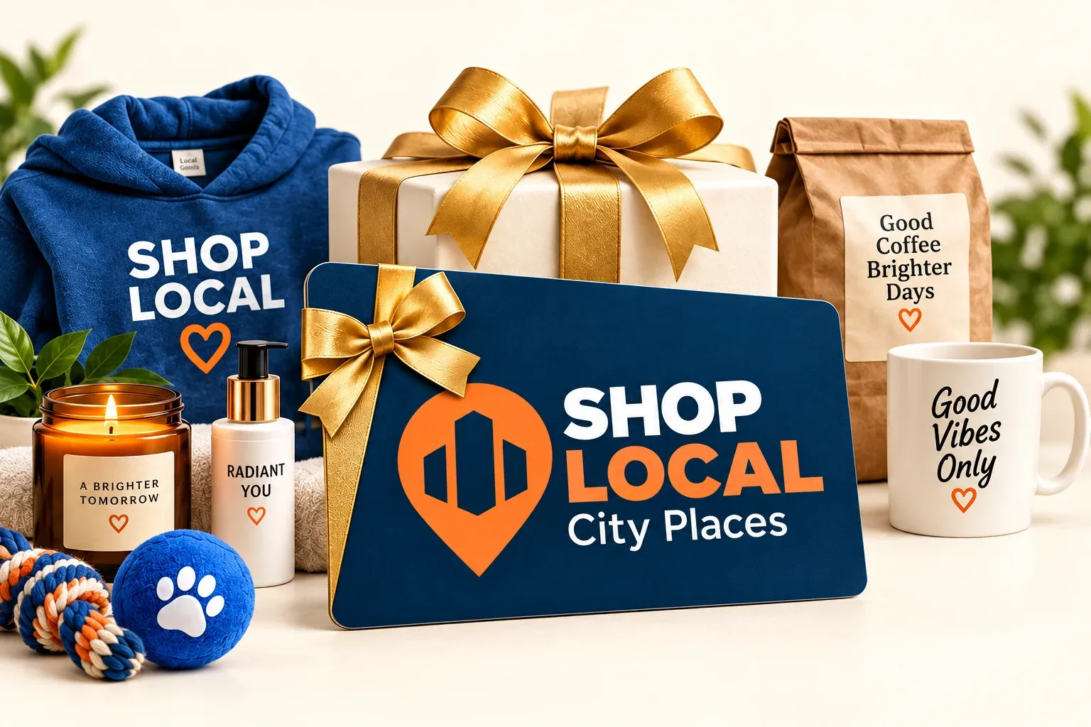 Illustrated SHOP LOCAL gift card with a gift box and sample shopping products.