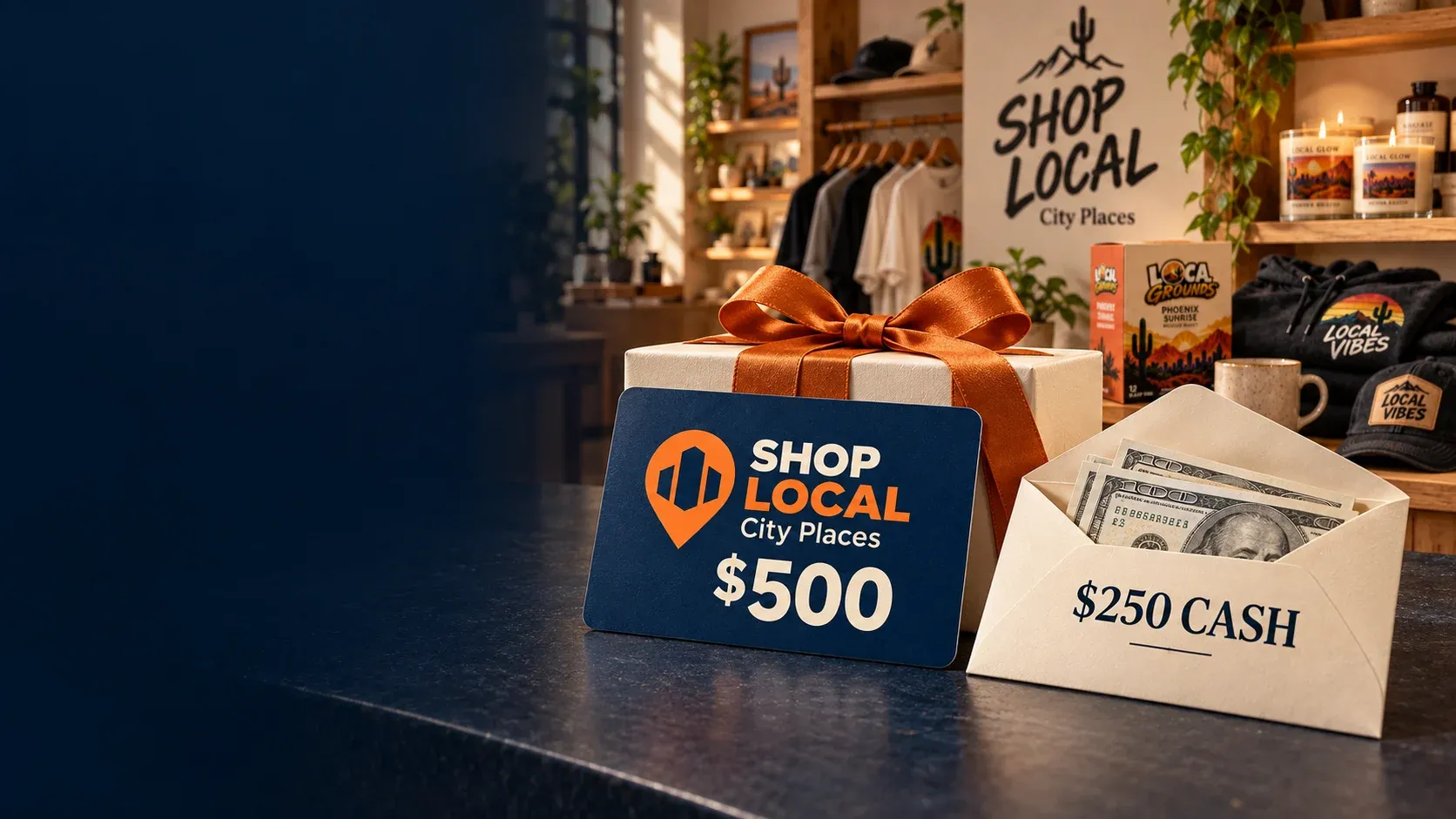 $500 SHOP LOCAL Oregon Places gift card and $250 cash envelope in front of a SHOP LOCAL store and product display.